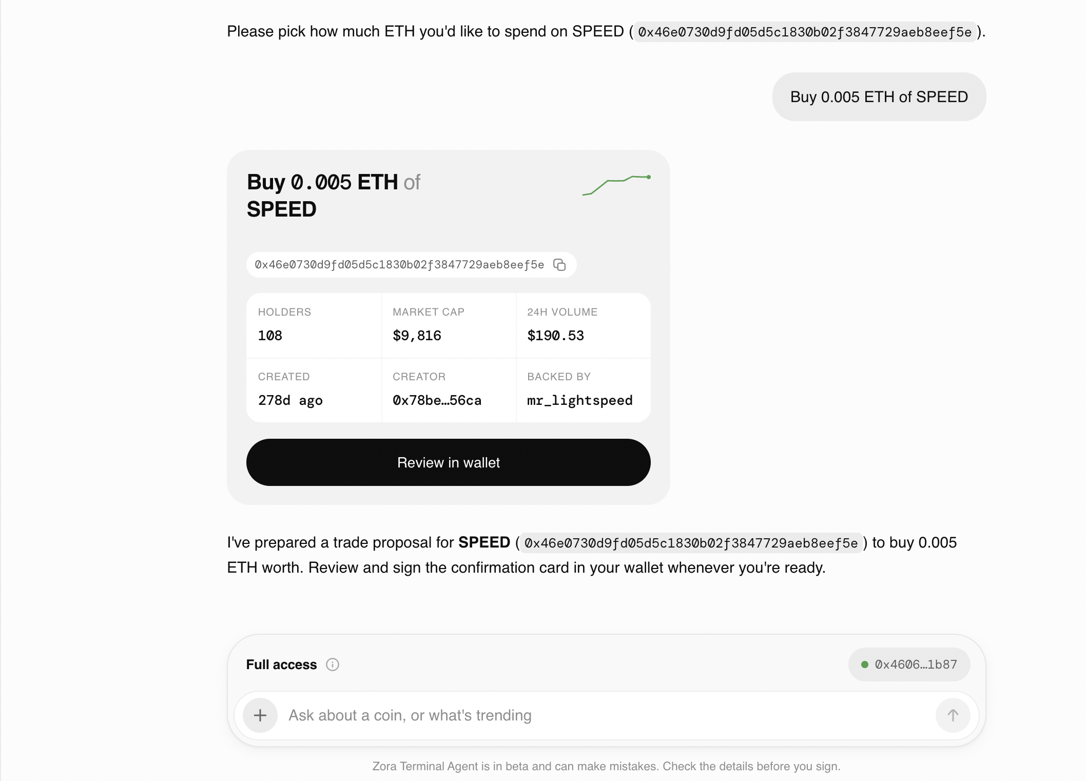 The trade confirmation card showing creator, age, holder count and liquidity