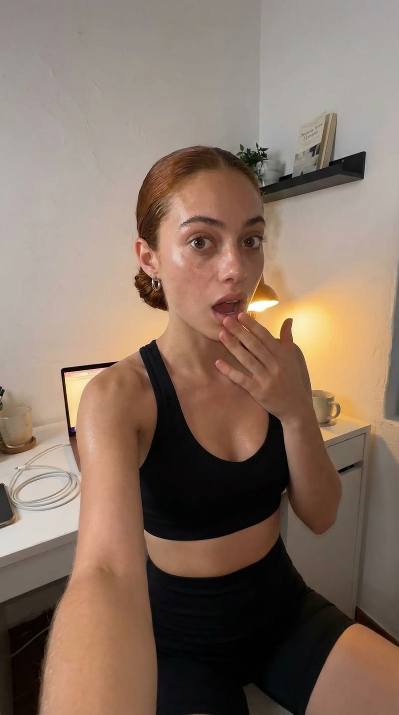 Hand raised near her mouth, lips parted, eyebrows lifted