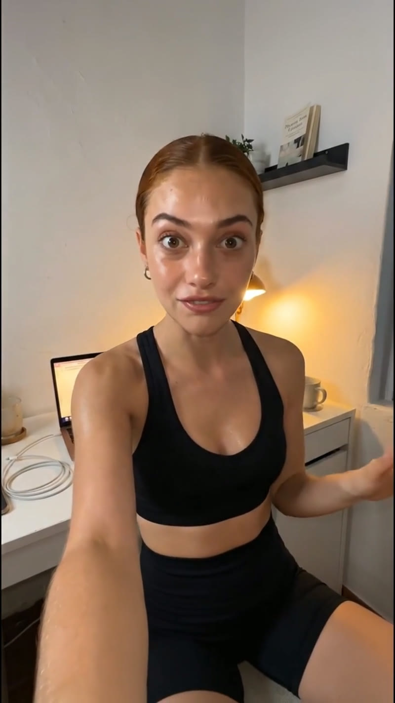 Mid-sentence, eyes wide, looking straight down the lens